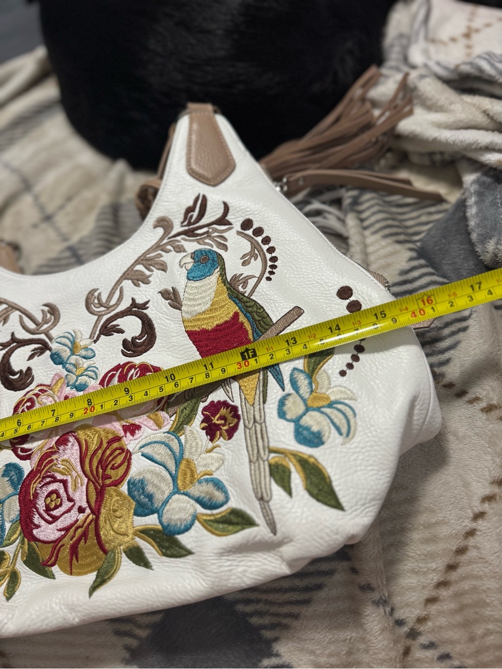Sharif Cream Shoulder Bag with Multicolor Floral & Bird Embroidery - Picture 6 of 8
